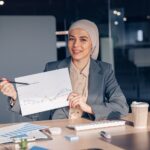 smiling-muslim-businesswoman-in-hijab-shows-a-grap-AMH74W7